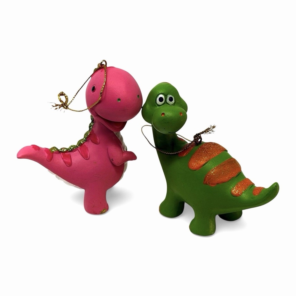 Pink and Green Glitter Dinosaur‎ Christmas Ornament Set of 2 Holiday Decor